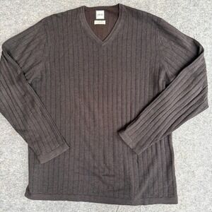 JWN Sweater Mens Large Brown V Neck Merino Wool Cotton‎ Ribbed Knit Pullover